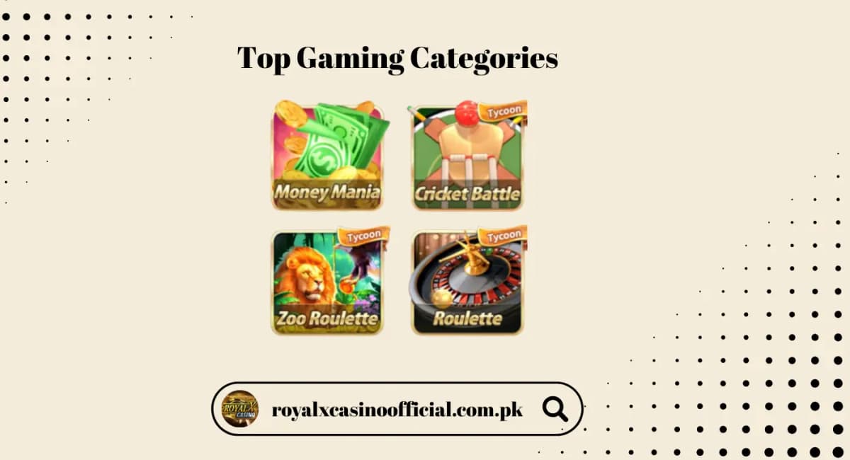 Top gaming categories on Royal X Casino app including table games, sports betting and card games