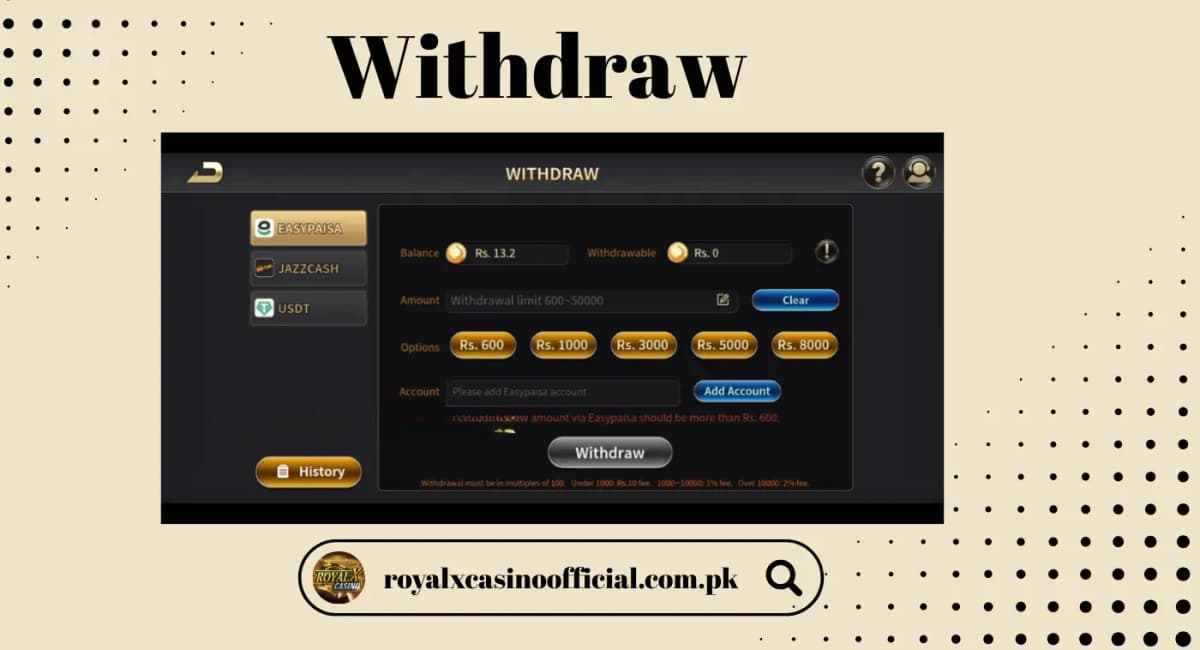 How to withdraw from Royal X Casino using JazzCash, EasyPaisa and bank transfer in Pakistan